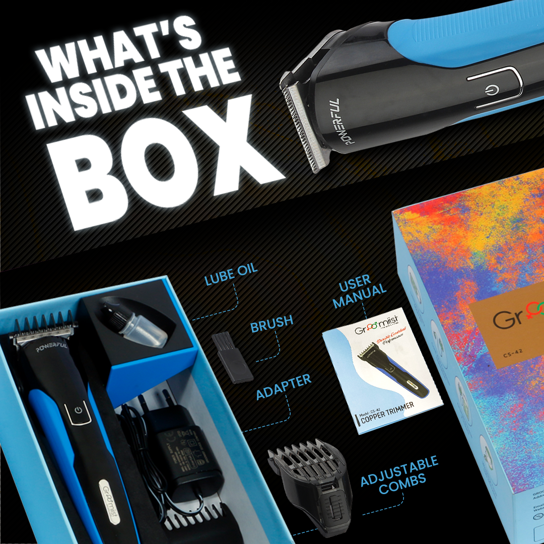 Groomiist Copper Series Corded/Cordless Beard Trimmer CS-42 with Quick Charging Dock: 100 Minutes Running Time & 10 Length Settings (Black & Blue)